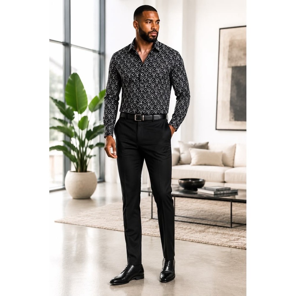 American Breed Men's L Black White Geometric Print Long Sleeve Button Up Shirt